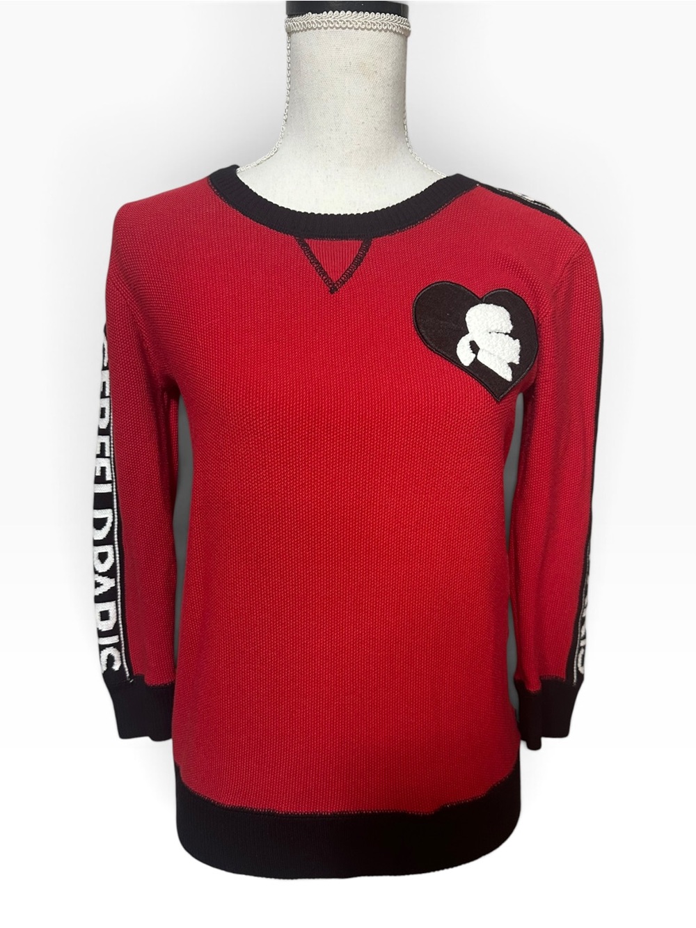 Karl Lagerfeld Red Crewneck Sweater with Black Trim and Heart Patch